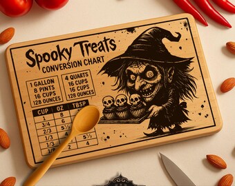 May include: A wooden cutting board with the text "Spooky Treats Conversion Chart" and a witch illustration. The board includes a cup to ounce conversion chart and a wooden spoon. Red peppers, tomatoes, and almonds surround the board.