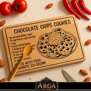 May include: A wooden chopping board with the text "CHOCOLATE CHIPS COOKIES" and a cookie recipe. The board features a plate of cookies and a wooden spoon. Red chillies, tomatoes, almonds, and a knife surround the board.
