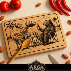 May include: A wooden chopping board with a laser-etched design of a moose and a bear relaxing on beach chairs, holding bottles. A wooden spoon and a knife are on the board. Tomatoes, almonds, and red peppers surround the board.