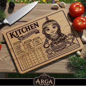 May include: Wooden kitchen conversion cutting board with engraved text and a Native American girl illustration. Includes measurements for cups, ounces, tablespoons, and teaspoons. Features a knife, tomatoes, and garlic.