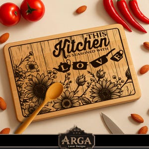 Kitchen love, Sunflower SVG laser file for cutting board, Rectangular cutting board SVG, charcuterie board laser file, SVG laser file