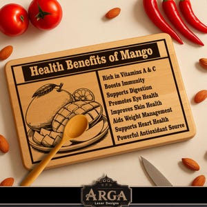 May include: A wooden cutting board with the text "Health Benefits of Mango" and a mango illustration. The board also lists health benefits. Red tomatoes, chili peppers, almonds, and a wooden spoon are arranged around the board.