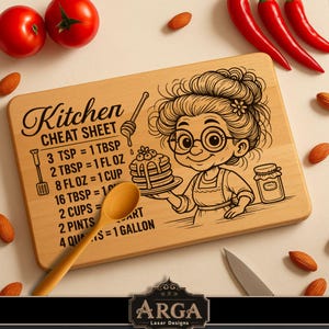 May include: Wooden kitchen chopping board with a cartoon illustration of a woman holding pancakes. The board features a "Kitchen Cheat Sheet" with measurement conversions. A wooden spoon and a knife are also present.