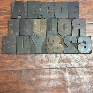 May include: A collection of vintage wooden letterpress printing blocks arranged on a wooden surface. The blocks are dark gray and feature uppercase letters, numbers, and an ampersand. The letters are in a bold, sans-serif font, and the wood has a weathered appearance.