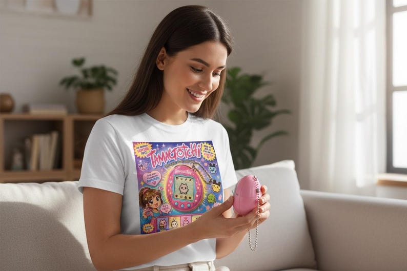 Peut inclure: T-shirt blanc avec un motif Tamagotchi color&eacute;, avec le texte "Tamagotchi". Un appareil Tamagotchi rose est tenu. Le design comprend des personnages de dessins anim&eacute;s et un th&egrave;me d'animal de compagnie num&eacute;rique.