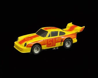 Vintage Tyco G-Plus HO Slot Car Porsche 911 Style Yellow Orange #51 Tested Working