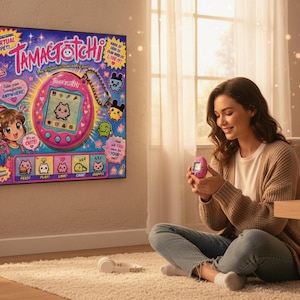 Peut inclure: Une femme assise sur un tapis tient un animal de compagnie virtuel Tamagotchi rose. Une affiche encadr&eacute;e d'un Tamagotchi est accroch&eacute;e au mur. L'affiche a un design rose et bleu avec le texte "Tamagotchi" et des personnages de dessins anim&eacute;s.