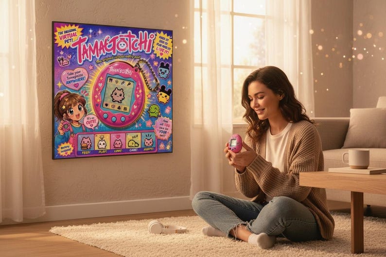 Peut inclure: Une femme assise sur un tapis tient un animal de compagnie virtuel Tamagotchi rose. Une affiche encadr&eacute;e d'un Tamagotchi est accroch&eacute;e au mur. L'affiche a un design rose et bleu avec le texte "Tamagotchi" et des personnages de dessins anim&eacute;s.