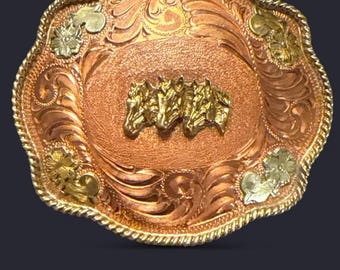 Vintage 1980s Western Belt Buckle – Sterling Silver Plated, Copper & Brass Horse Heads, Handmade