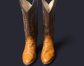 Vintage Bona Allen Ostrich Foot Cowboy Boots – Size 9D – Original Soles – Classic Brown Shaft
