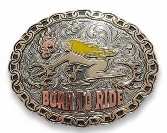 Born To Ride Belt Buckle | Sterling Silver Plated Biker Skull Flame Design