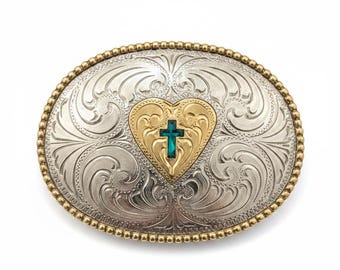 Vintage Western Heart with turquoise cross Belt Buckle NOS Silver Plated Engraved Cowboy Buckle