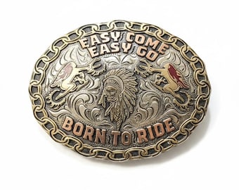 Hand-Engraved Leo Smith Biker Belt Buckle: Sterling Silver Plate, Bronze Skull, Born to Ride