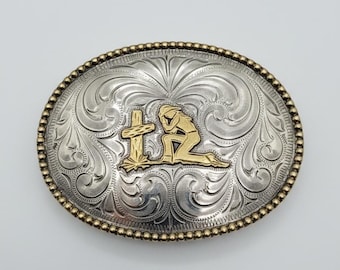 Vintage Praying Cowboy Belt Buckle NOS Silver Plated Western Engraved Cross Rodeo Buckle