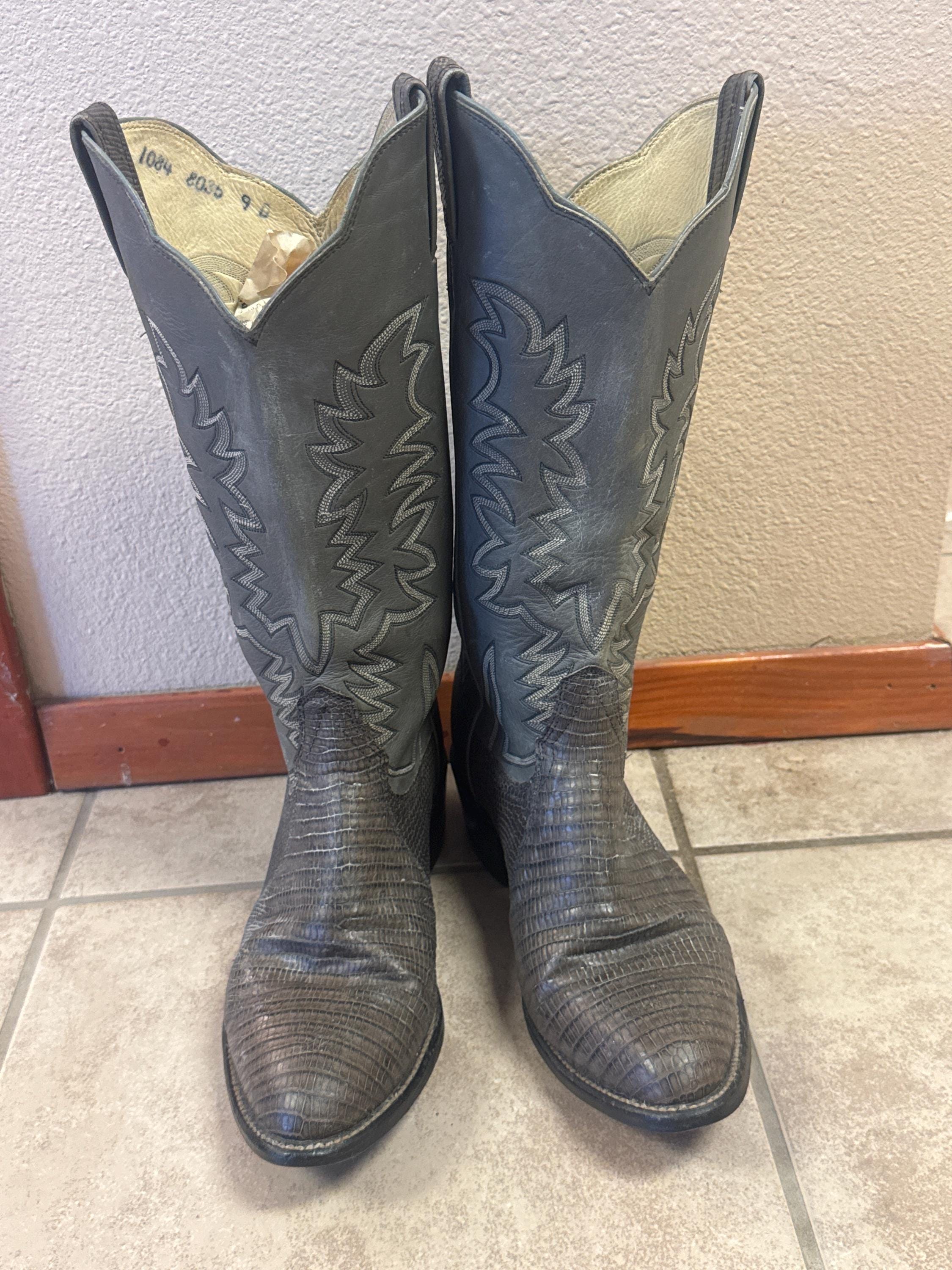 Vintage Bona Allen Lizard Skin Cowboy Boots Men's 9D Gray & Brown