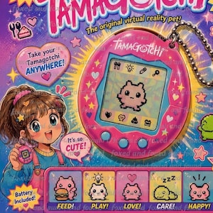 Peut inclure: Illustration de l'animal de compagnie virtuel Tamagotchi. L'appareil rose affiche un animal pix&eacute;lis&eacute;. L'image comprend le texte "The Original Virtual Pet!" et "Take your Tamagotchi ANYWHERE!"