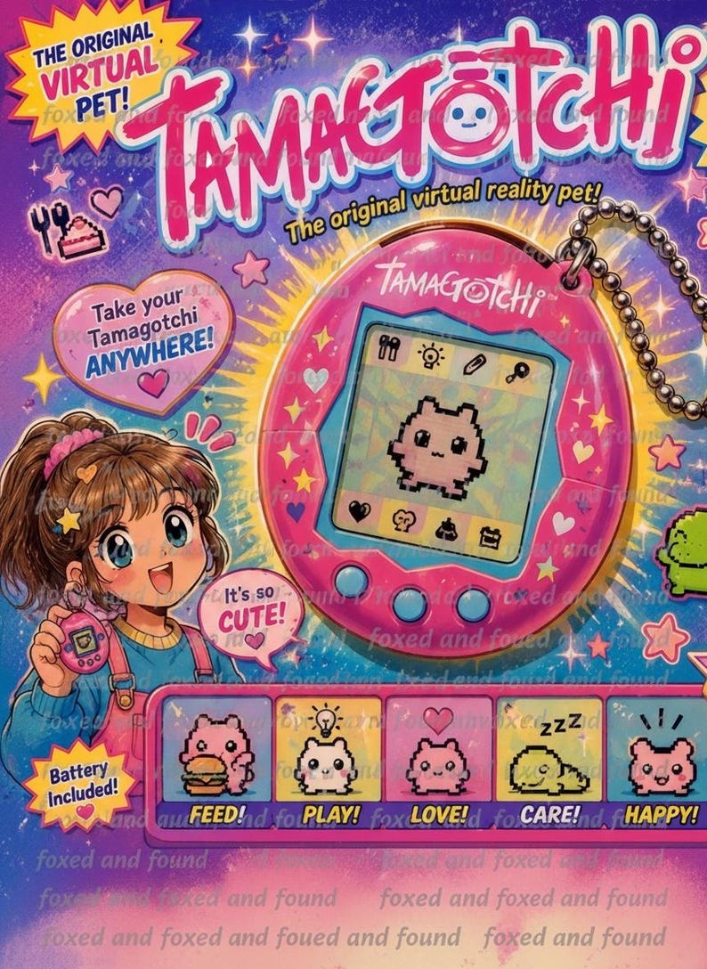 Peut inclure: Illustration de l'animal de compagnie virtuel Tamagotchi. L'appareil rose affiche un animal pix&eacute;lis&eacute;. L'image comprend le texte "The Original Virtual Pet!" et "Take your Tamagotchi ANYWHERE!"