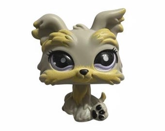Figurine vintage Littlest Pet Shop crème et jaune pour chien Yorkie yeux en verre Hasbro LPS #883