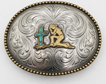 Vintage Western Belt Buckle | Turquoise Cross, Praying Cowboy, Silver Plated
