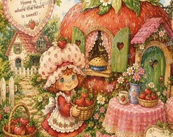 Strawberry Cottagecore Art Print | Retro Berry Girl (Digital Download)