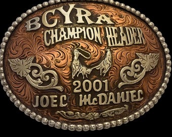 2001 BCYRA Champion Header Trophy Belt Buckle | Hand Engraved Copper Sterling Silver Western Rodeo