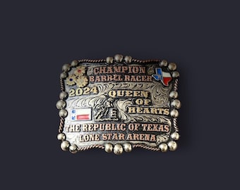 Hand Engraved Texas Barrel Racing Belt Buckle – Sterling Silver Plate – Made by Leo Smith – 2024 Champion – Queen of Hearts