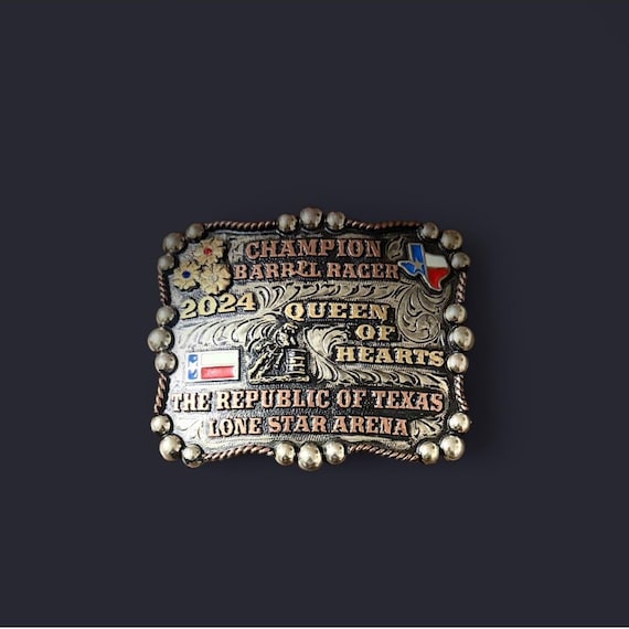 Hand Engraved Texas Barrel Racing Belt Buckle – Sterling  display picture 1