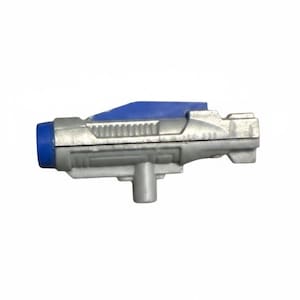 May include: A silver and blue toy gun, likely a futuristic blaster. The gun features a blue barrel and a blue top section. The body of the gun is silver with detailed ridges and a small, perpendicular handle.