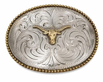 Vintage Texas Longhorn Belt Buckle | Hand Engraved Silver Plated Jewelers Bronze Western Buckle