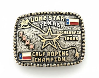 Leo Smith Handmade Sterling Silver Plated Calf Roping Champion Belt Buckle 1993 Luckenbach Texas