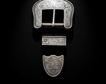 Vintage Western Belt Buckle Set – Floral Engraved Sterling Silver Plated Cowboy Three Piece