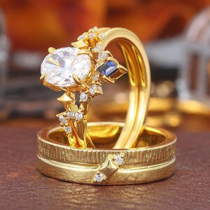 Yellow Gold Couple Ring Set Oval Cut 6x8mm Moissanite Bridal Set Anniversary Rings Gift For Couple Moissanite Men's Band Women's Ring Set