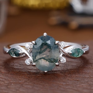 Vintage moss agate engagement ring Oval cut 6x8mm moss agate ring Anniversary ring gift Personalized handmade Leaf design moss agate ring