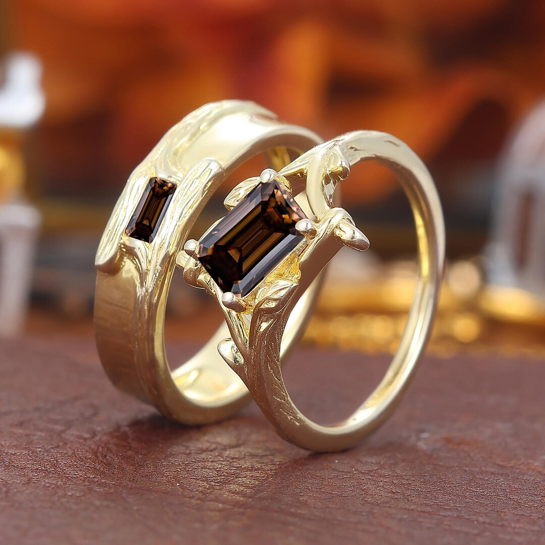 Vintage Leaf Nature Inspired Couple Rings Set Coffee Brown Moissanite ...
