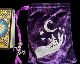 Silver Hand, Moon Stars - Purple Velvet Tarot Bag