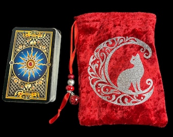Red Velvet Tarot Pouch With Cat and Moon Design