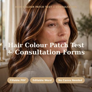 Formulaire de test cutané pour coloration capillaire, Consultation couleur, Consentement à la teinture capillaire, Dossier client coiffeur, Formulaires de salon, PDF Word à remplir