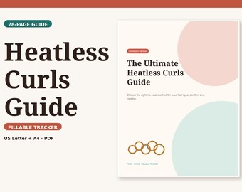 Heatless Curls Guide PDF, 7 Overnight No Heat Curl Methods, Hair Type Matrix, Fillable 30 Day Curl Tracker, Phone Cards