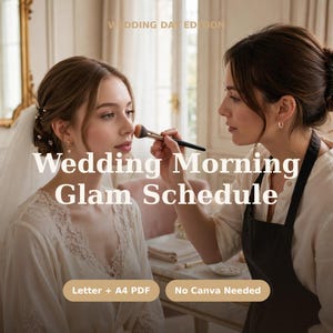 Invulbaar PDF-bestand met een tijdschema voor bruidskapsel en -make-up, glamourplanning voor de bruidsmeisjes, ochtendplanner voor de bruiloft, geen Canva nodig