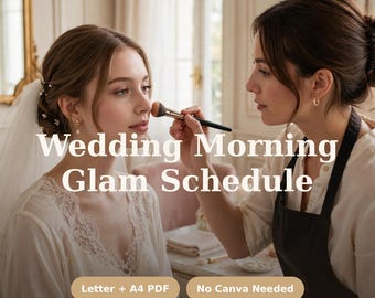Invulbaar PDF-bestand met een tijdschema voor bruidskapsel en -make-up, glamourplanning voor de bruidsmeisjes, ochtendplanner voor de bruiloft, geen Canva nodig