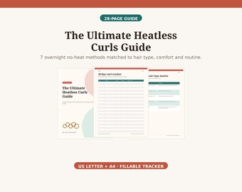 Heatless Curls Guide PDF, 7 Overnight No Heat Curl Methods, Hair Type Matrix, Fillable 30 Day Curl Tracker, Phone Cards