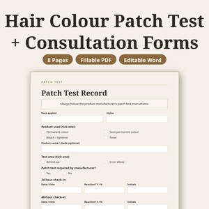 Hair Color Patch Test Form, Hair Colour Consultation, Hair Dye Consent, Hairstylist Client Record, Salon Forms, Fillable PDF Word