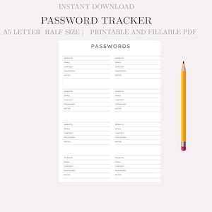 以下が含まれることがあります： 「PASSWORD TRACKER」のテキストと、ウェブサイト、メール、連絡先、パスワード、メモのフィールドが記載された白いパスワードトラッカー。ピンクの消しゴムが付いた黄色の鉛筆がトラッカーの右側に配置されています。