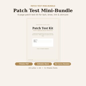 Patch Test Consent Form, Patch Test Waiver, Skin Test Form, Lash Brow Tint Peel Reaction Log, Esthetician Aesthetician Fillable PDF