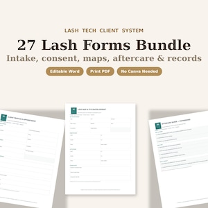 May include: A 27-piece lash tech client system bundle featuring intake, consent, map, aftercare, and record forms. The text reads Lash Tech Client System, 27 Lash Forms Bundle, Intake, consent, maps, aftercare & records, Editable Word, Print PDF, No Canva Needed.