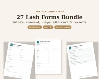 27 Lash Forms Bundle, Lash Extension Intake & Consent Forms, Lash Map, Fill Record, Aftercare, Editable Lash Tech Templates