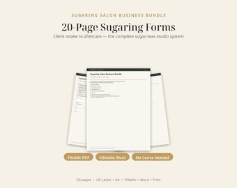 Sugaring Consent Forms Bundle, Sugar Wax Intake & Aftercare Kit, Treatment Record, Fillable PDF, Editable Word