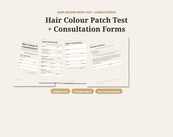 Hair Color Patch Test Form, Hair Colour Consultation, Hair Dye Consent, Hairstylist Client Record, Salon Forms, Fillable PDF Word