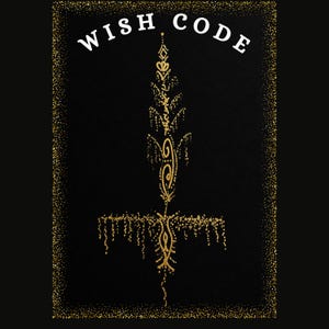 Könnte beinhalten: Schwarzer Hintergrund mit einem goldfarbenen, verzierten Design in der Mitte. Das Design ähnelt einem stilisierten Kreuz mit komplizierten Details. Die Worte "WISH CODE" stehen oben in Weiß.