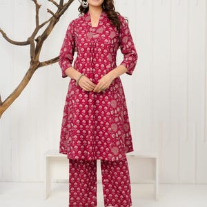 Kurta-set van puur jaipurikatoen met print voor dames en broek | A-lijn | Etnische kleding met 3/4-mouwen | Stijlvolle feestelijke en casual kostuumset voor dames